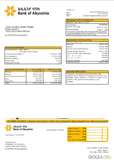 Relevé hypothécaire bancaire de l'Ethiopie Bank of Abyssinia scr
